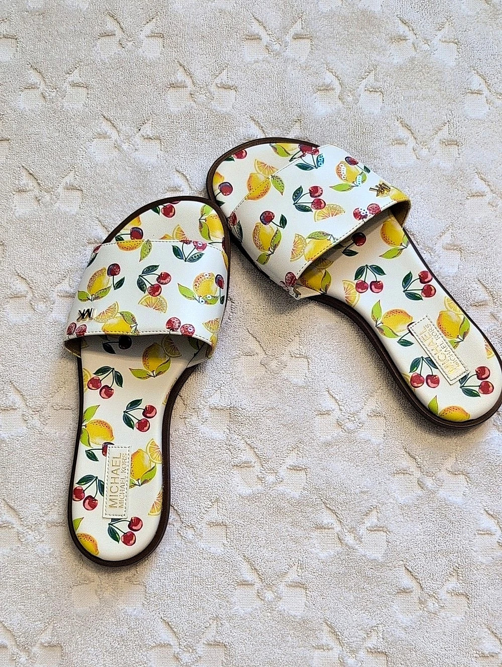 Michael Kors Fruit Print Slide Sandals in Cream